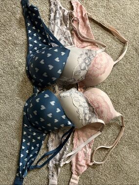 Victoria's Secret Blue Heart & Pink Lace Push-Up Bra Set